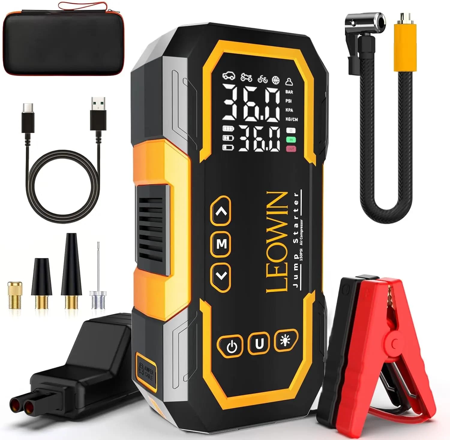 Avviatore di Emergenza Portatile con Compressore d'Aria, Batteria 12V per Auto a Benzina/Diesel, Include Cavi Intelligenti e Luce LED