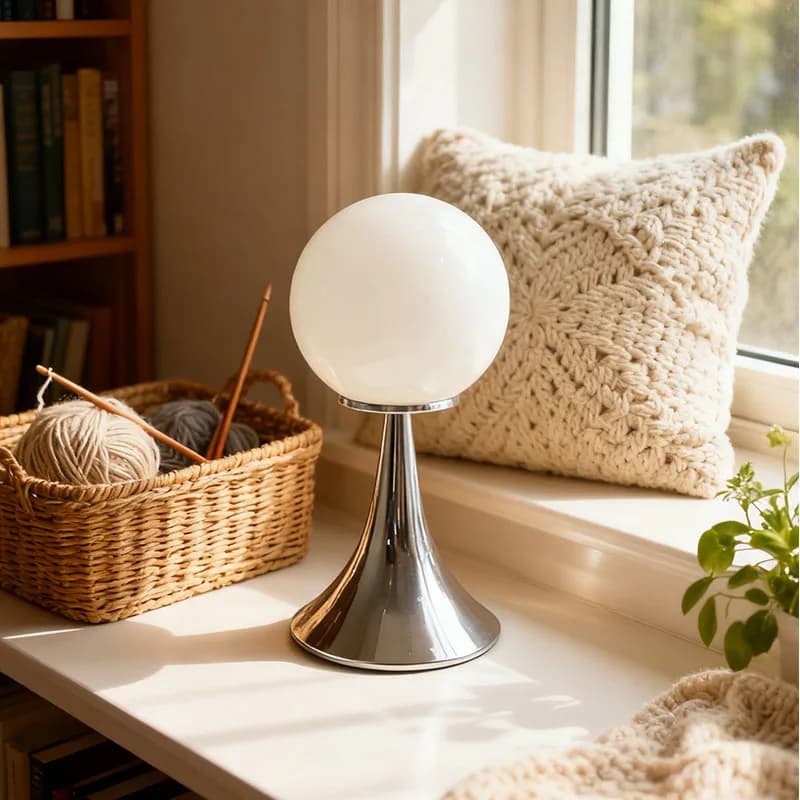 Spherical glass desk lamp with metal conical base, Nordic modern style nightstand, vintage art reproduction
