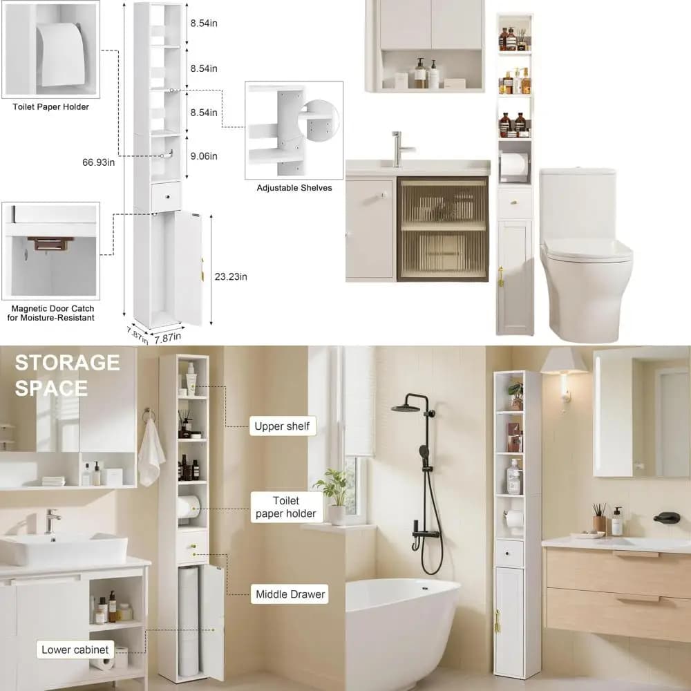 Armadietto portaoggetti, mobiletto da bagno stretto alto 67" con 3 ripiani regolabili, porta carta igienica, porta magnetica e cassetto, per Sm