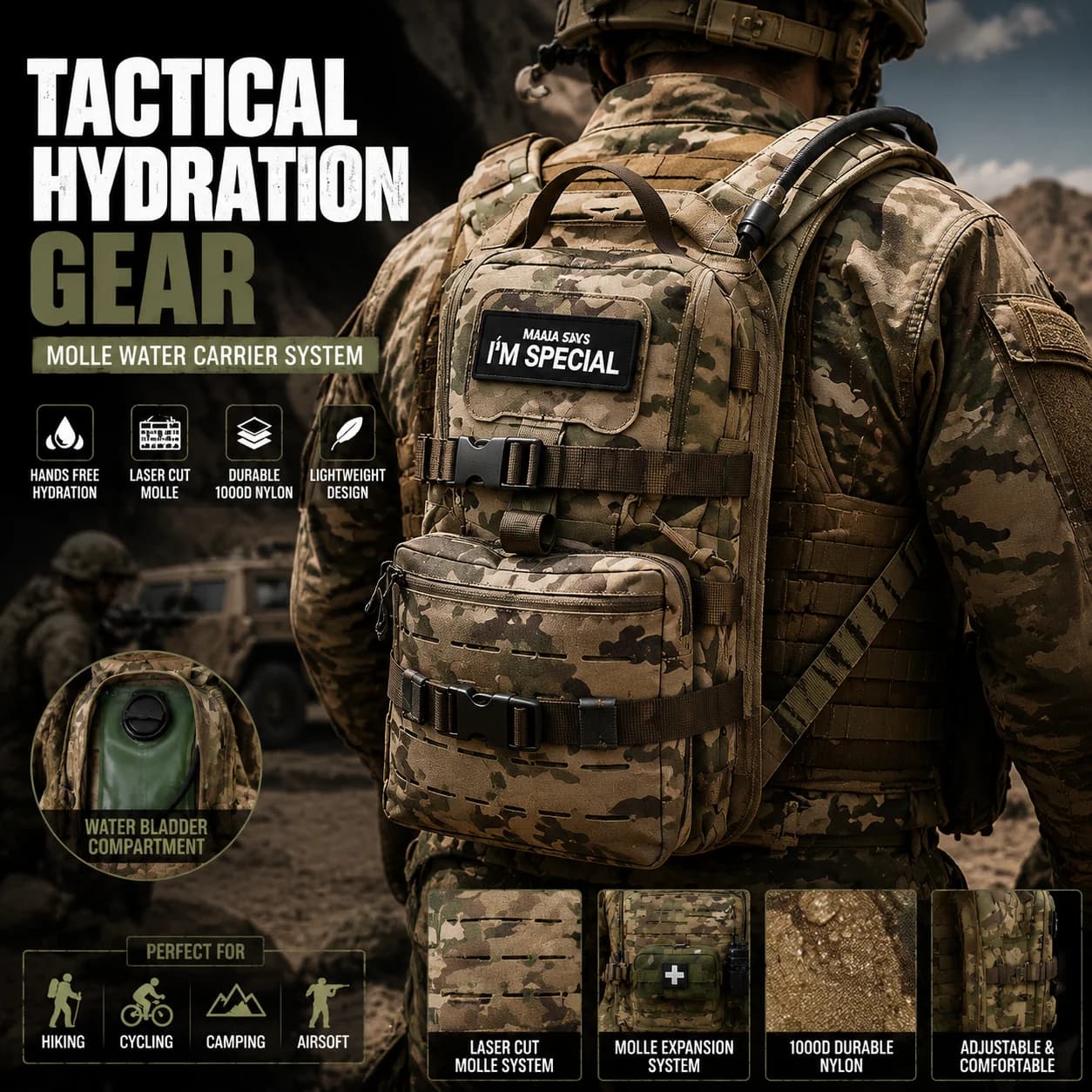 Tactical Camo Hydration Backpack MOLLE Military Water Bladder Carrier Outdoor Hiking Cycling Expansion Gear Pack
