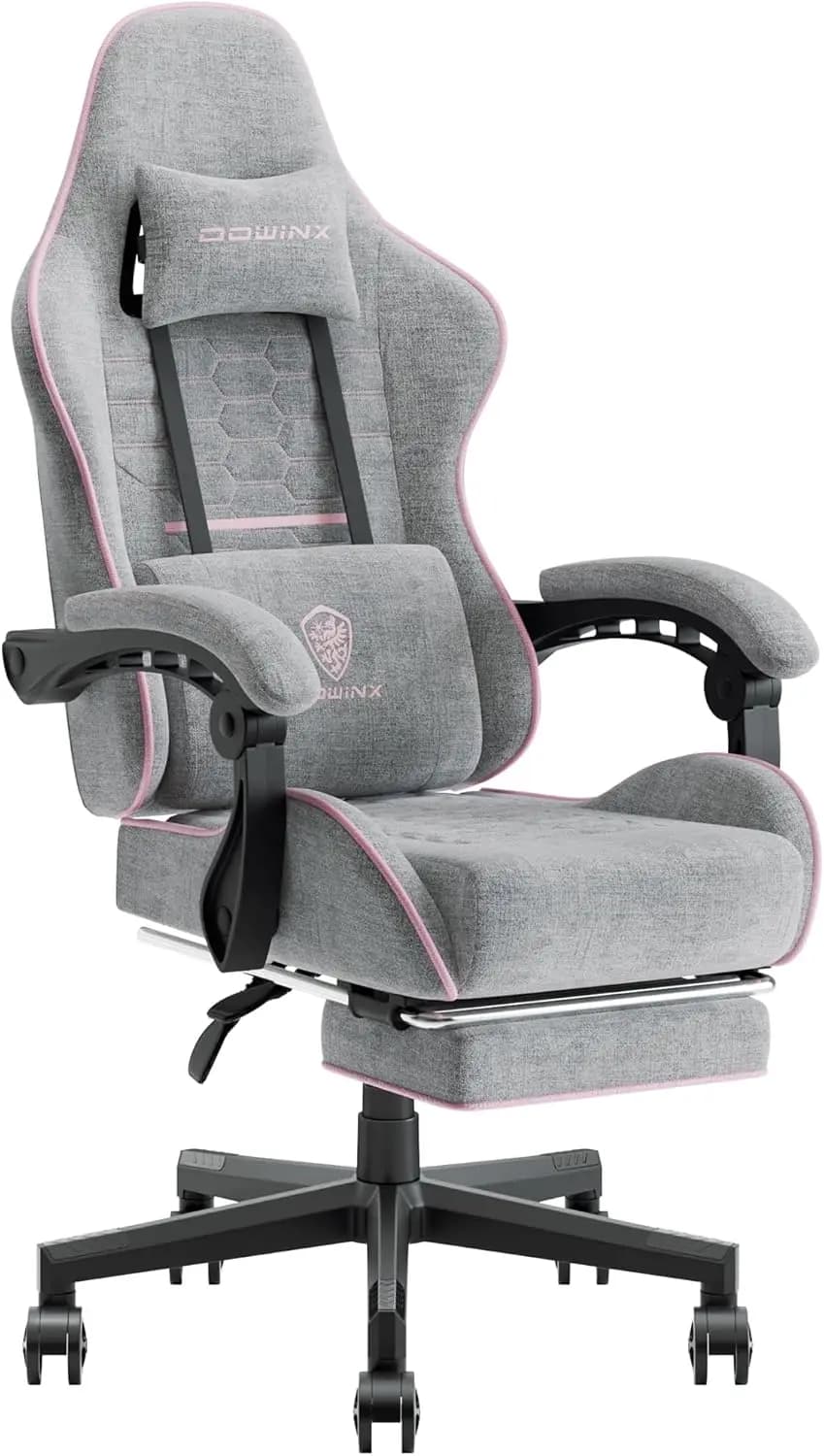 Sedia da Gaming Ergonomica con Massaggio e Poggiapiedi, Cuscino in Tessuto con Molle Insacchettate, Supporto per Poggiatesta per 290LBS, Rosa Grigio