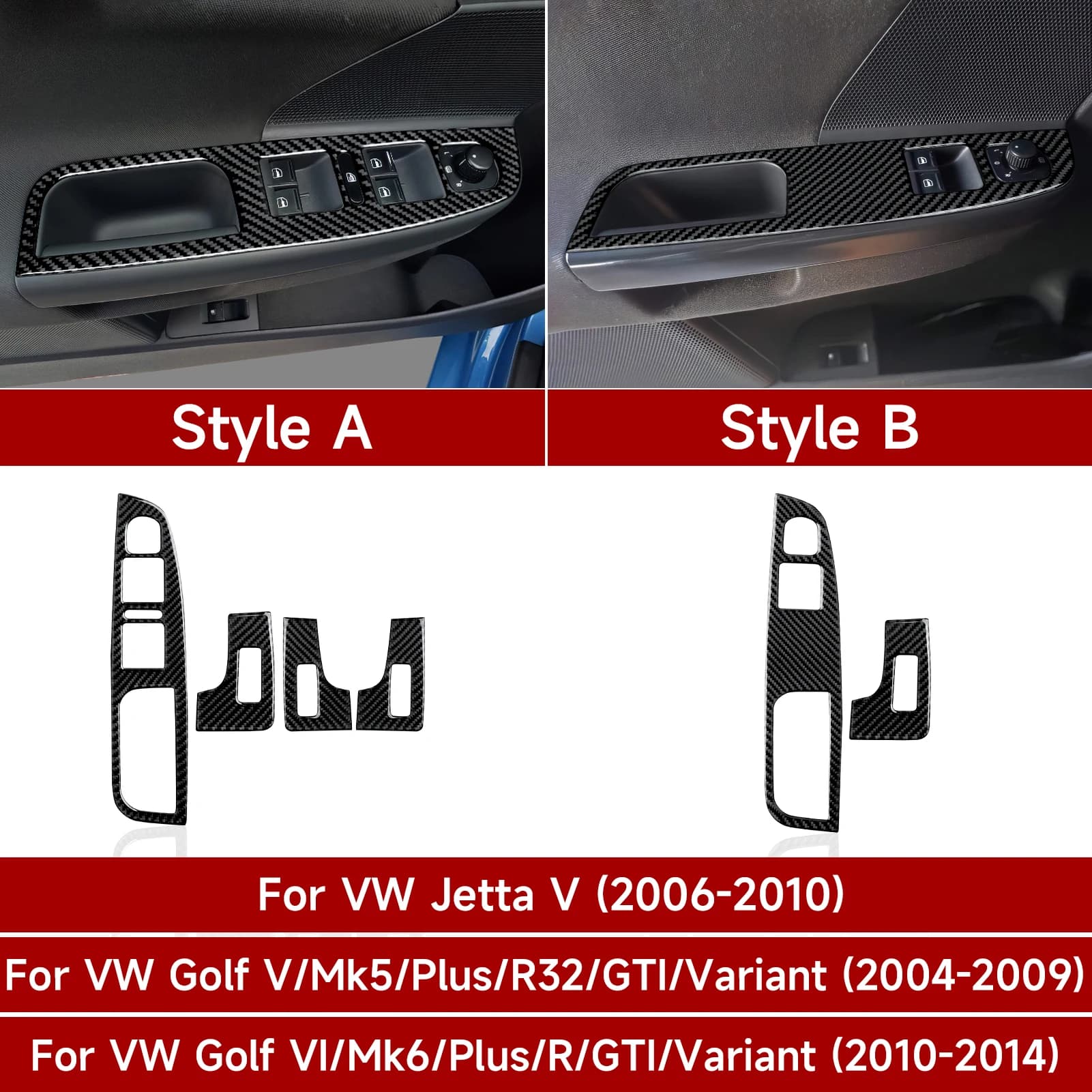 Pannello interruttori per alzacristalli auto, adesivo interno in fibra di carbonio, per VW Jetta V Golf V VI MK5 MK6 R32 GTI Plus Accessori varianti