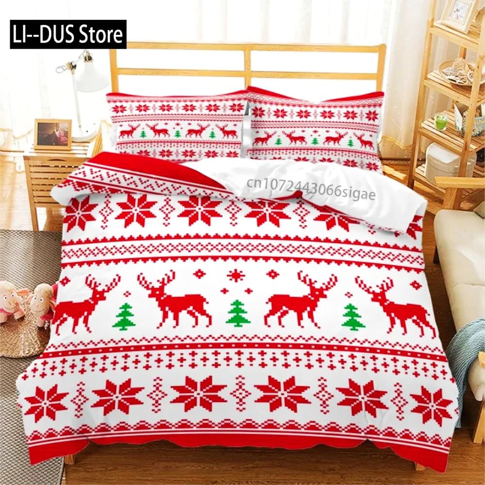 Merry Christmas Bedding Set, 3D Super King Size Duvet Cover Set, Digital Printing, New Year Gift, Snowflake, Deer, Comforter Red