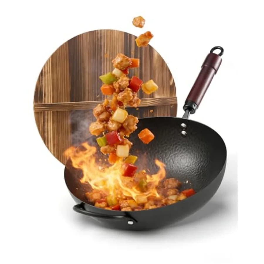Wok in Acciaio al Carbonio, Padella Antiaderente per Wok e Stir-Fry, Wok da 13 Pollici con Coperchio in Legno, Utensile da Cucina in Acciaio al Carbonio Pretrattato