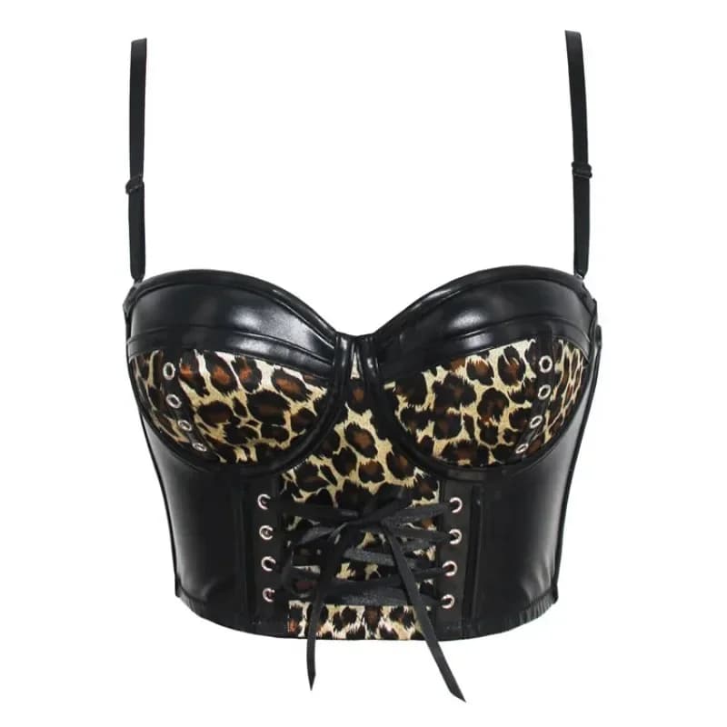 Corsetto in pelle con stampa leopardata da donna Crop Top con lacci sul davanti Reggiseno con coppa bustier Corsetto push up Lingerie sexy Party Camis corti