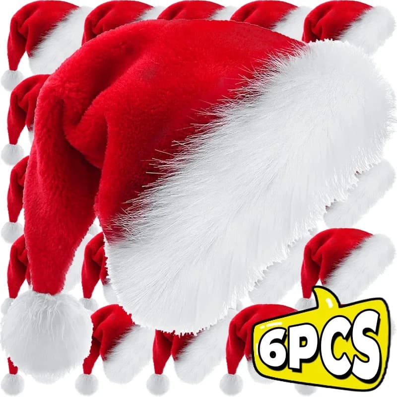 6/1PCS Plush Christmas Hat for Adults Soft Velvet Addensated Santa Claus Hats Christmas New Year's Eve Festival Gift Party Decorations