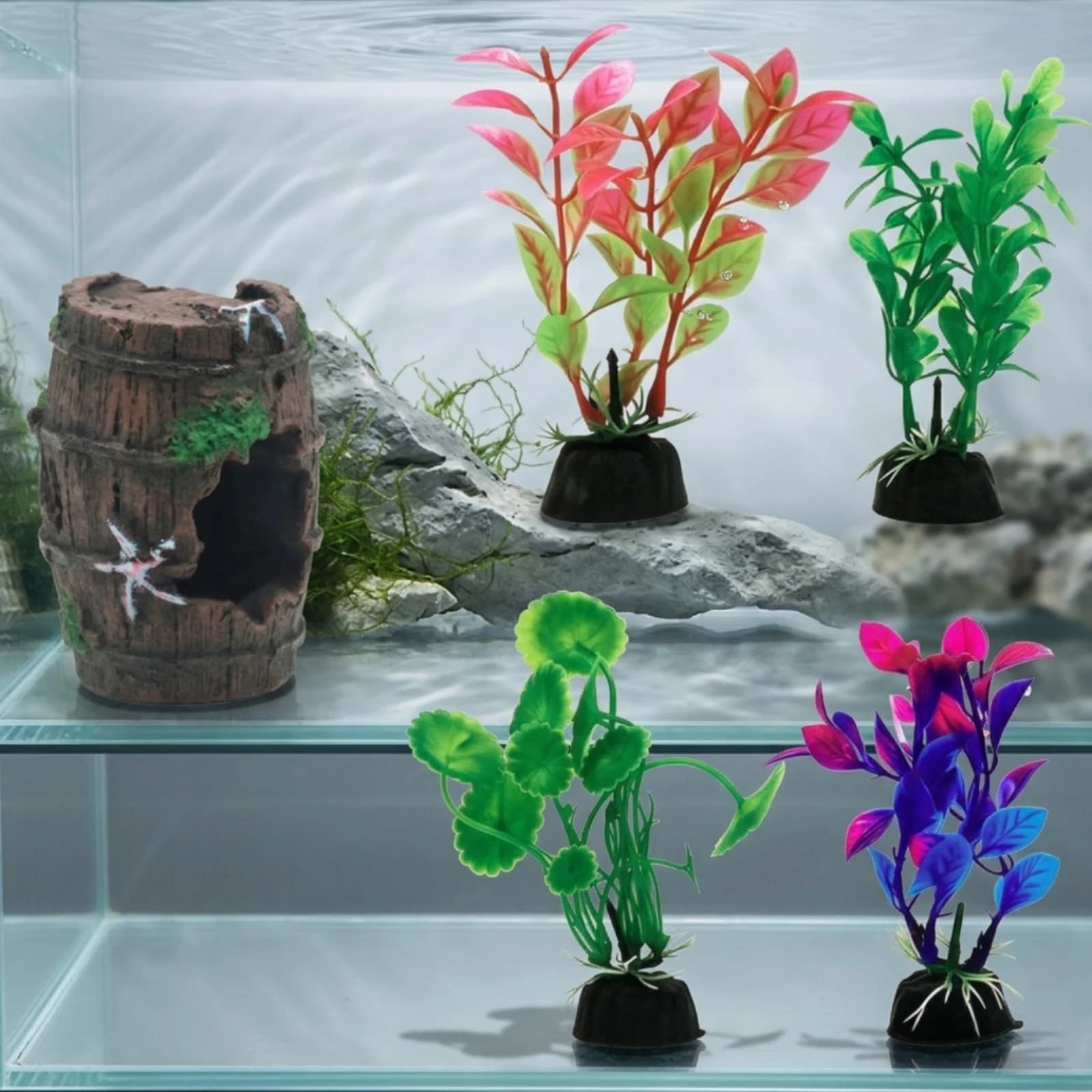 5 Pieces Aquarium Decorations with Artificial Plants Safe Aquarium Cave with Plants Resin Barrel Weighted Fish Tank Accessories