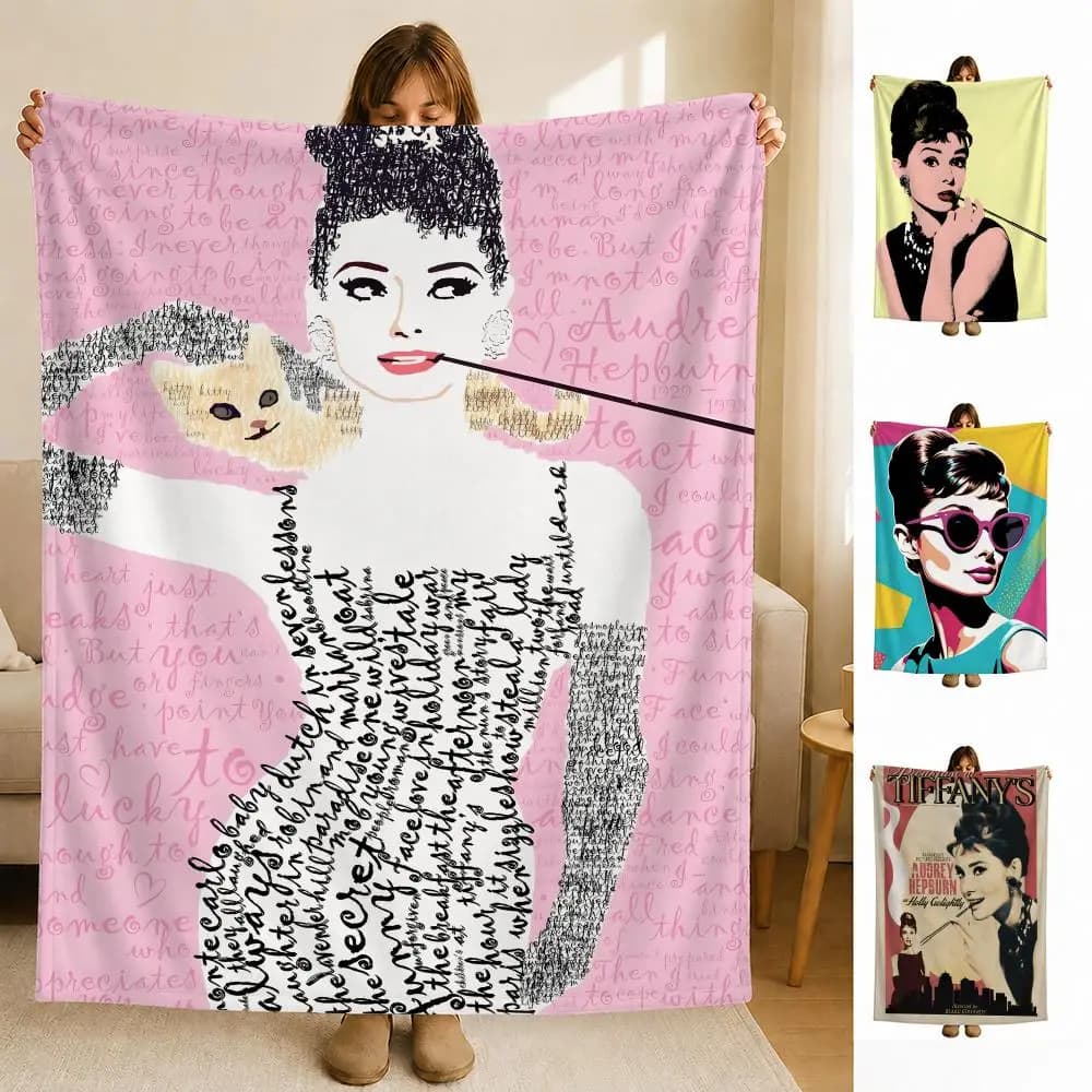 classic A-Audrey H-Hepburn Throw Soft Flannel Blanket for Bed Bedroom Sofa Picnic Throw Skin-friendly Breathable Gift Cover