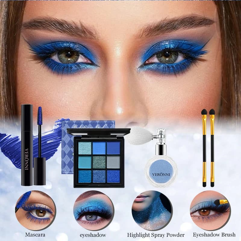 Kit Trucco Occhi Blu Vibrante 5 Pezzi - Palette Blu 9 Colori, Mascara Blu, Illuminante Scintillante, Pennelli per Ombretto, Lunga Durata