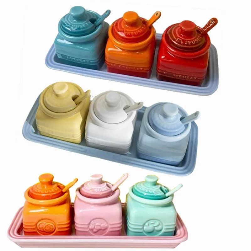 Set di 3 contenitori per spezie in ceramica per conservare sale zucchero pepe barattolo di spezie con coperchio e cucchiai accessori da cucina organizzatore di spezie