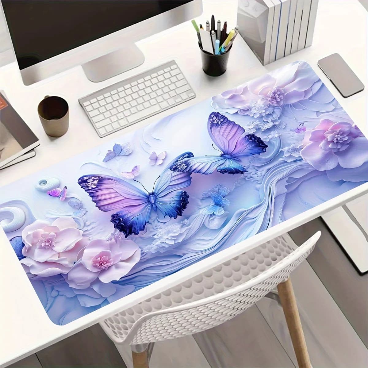 Tappetino per Mouse Fantasy con Farfalle e Fiori, Antiscivolo in Gomma, per Ufficio e Gaming