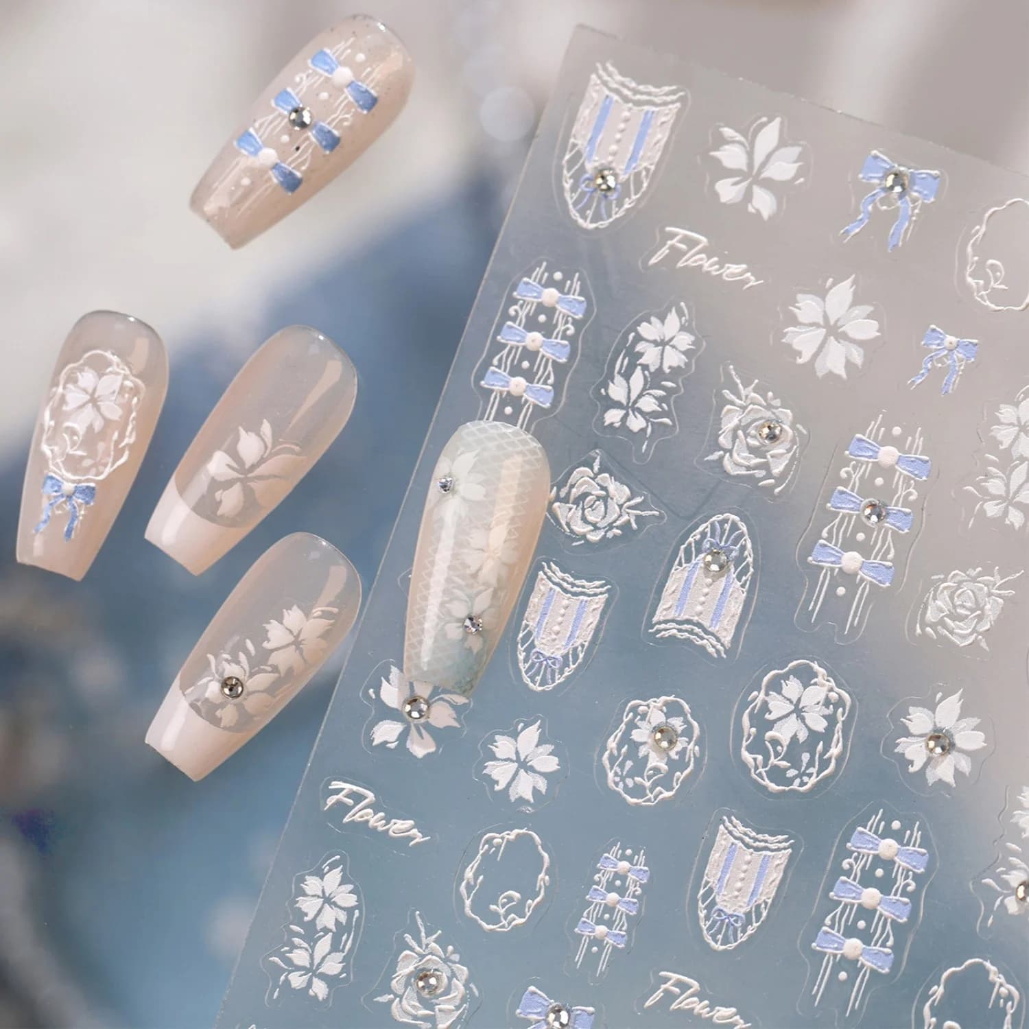 Lavender Silver Outline Flower Shield Frame 5D Nail Art Stickers Oval Hollow Rim Bow Lace Self Adhesive Nail Decals Manicure