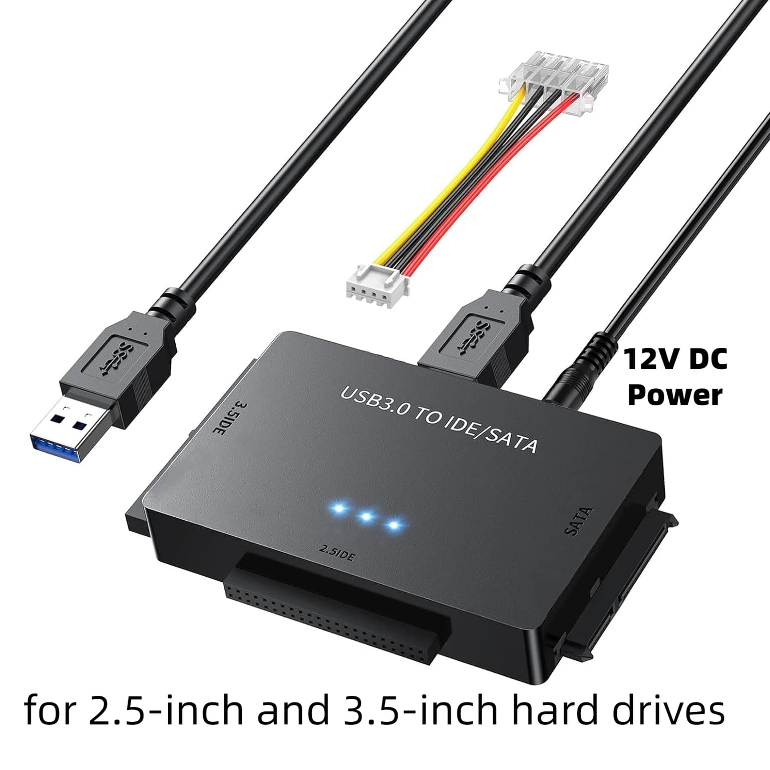 Lettore di dischi rigidi esterni 3 in 1 Adattatore da USB 3.0 a SATA/IDE per HDD/SSD da 2,5 pollici e 3,5 pollici con alimentatore 12V/2A