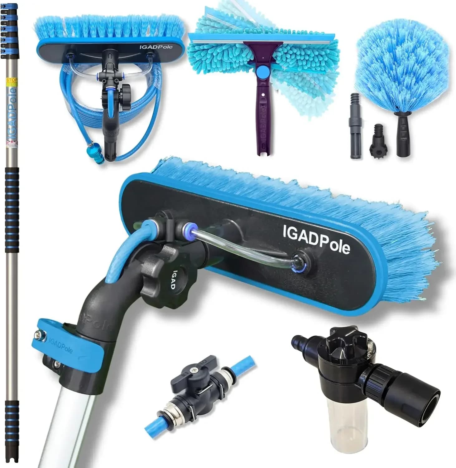 Kit per la pulizia: Spazzola ad acqua, Spolverino per ragnatele, Tergivetro da 10 pollici e Dispenser di sapone, con Asta telescopica a 5 stadi da 5-20 piedi