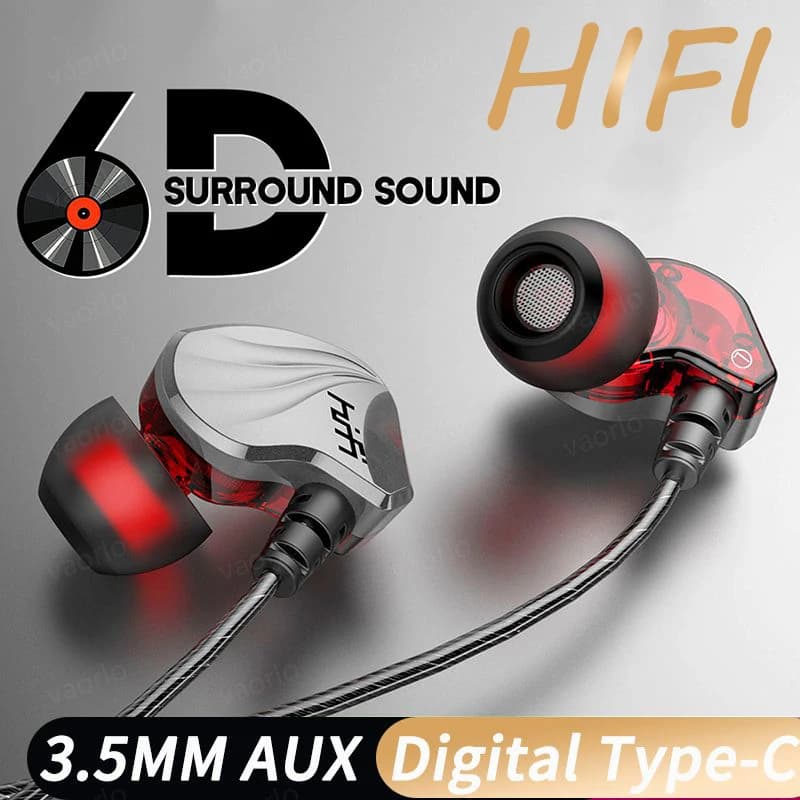 HIFI 6D Surround Bass In-Ear Wired Headphones 3.5mm Type C Headset Sports Gamer Waterproof earphones speaker for Samsung