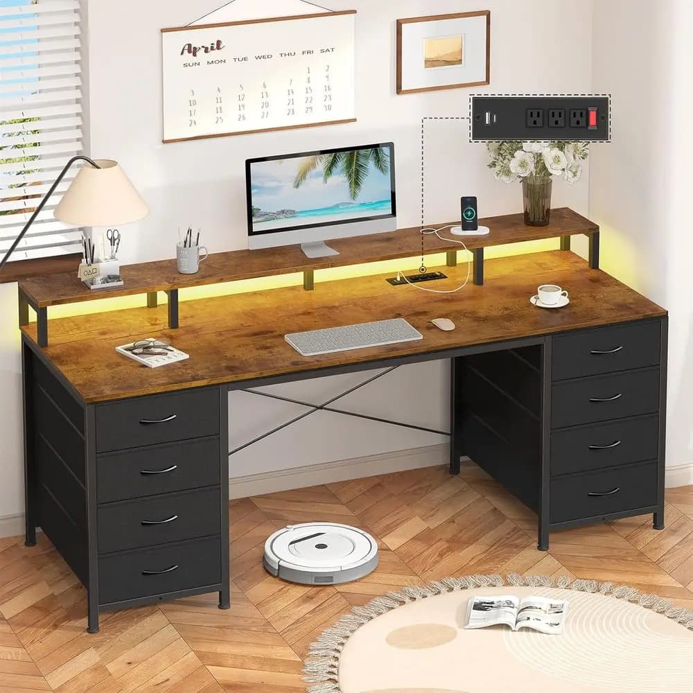 60Computer Desk with 8 Ders & Monitor Stand or Home Oice, edroom | Gaming Desk with LED Lights & Power Outlets, Home Oice Desk w