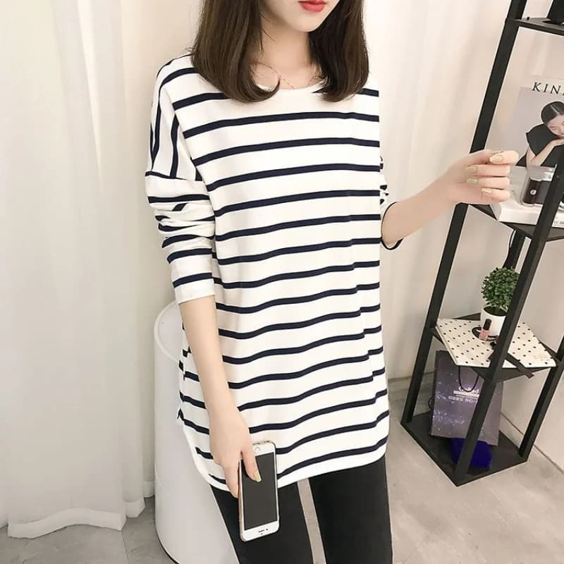 T-shirt da donna a righe di media lunghezza a righe moda Casual t-shirt da donna classica a maniche lunghe con colletto a O coreano in cotone tutto-fiammifero