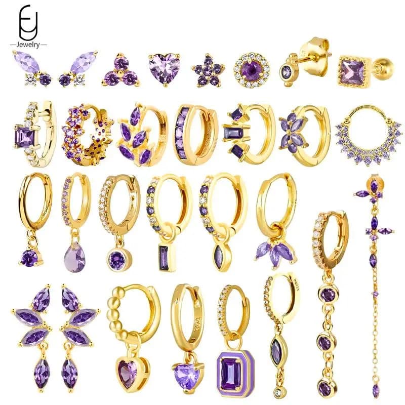 925 Sterling Silver Needle Luxury Purple Zircon Heart Stud Earrings For Women Fashion Geometry Pendant Gold Earring Fine Jewelry