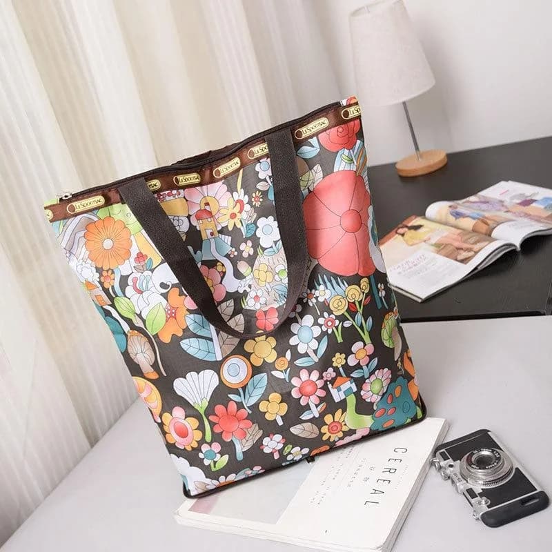 Borsa Shopping Impermeabile in Nylon con Stampa Floreale, Borsa a Tracolla Singola in Puro Cotone, Manico Morbido, Borsa Casual per il Tempo Libero