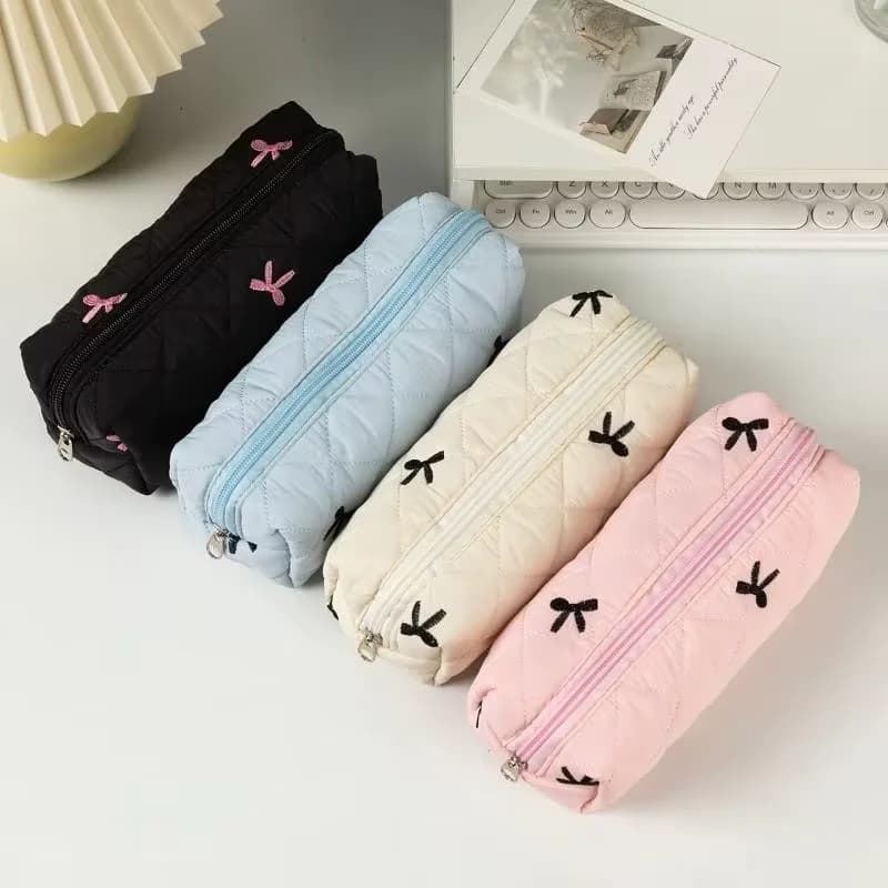 1 pz semplice astuccio per matite bowknot in tinta unita scatola di immagazzinaggio portatile per cancelleria da tavolo borse per matite multifunzionali per studenti