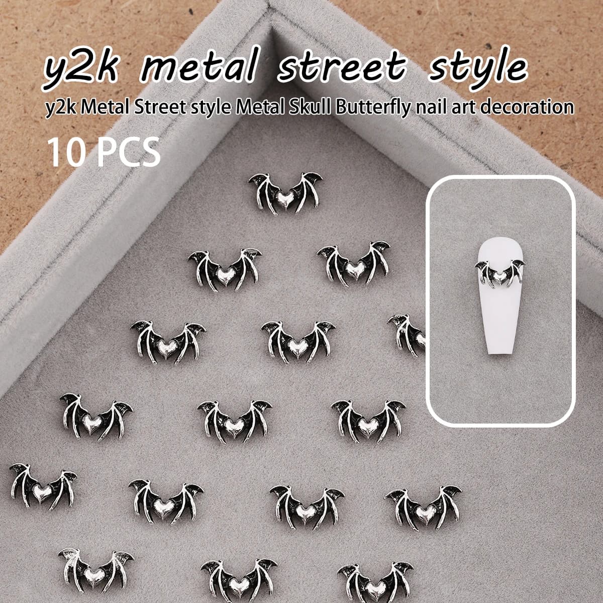 10 pcslittle devil love nail patch vintage silver stereo heart wings dark y2k metal style street nail trim