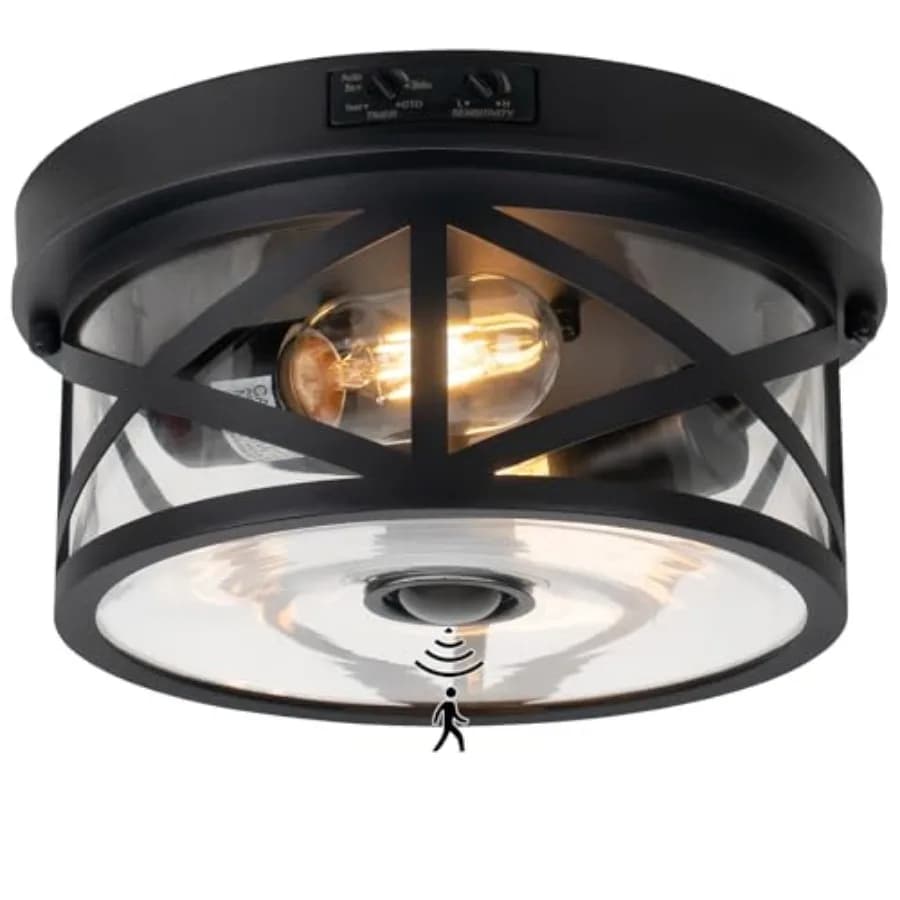 Lampada da soffitto per esterni con sensore di movimento, plafoniera nera regolabile, lampada da portico a 2 luci per esterni, vetro trasparente Indu