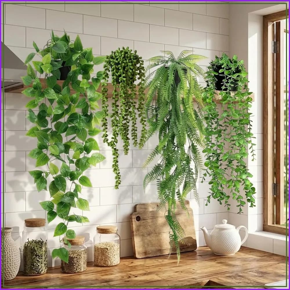 Set di 4 Piante Artificiali Pendenti con Vasi - Realistiche Finte Piante di Eucalipto e Edera per Decorazione Mensole Bagno - Verde Estetico per Scrivania Ufficio, Libreria