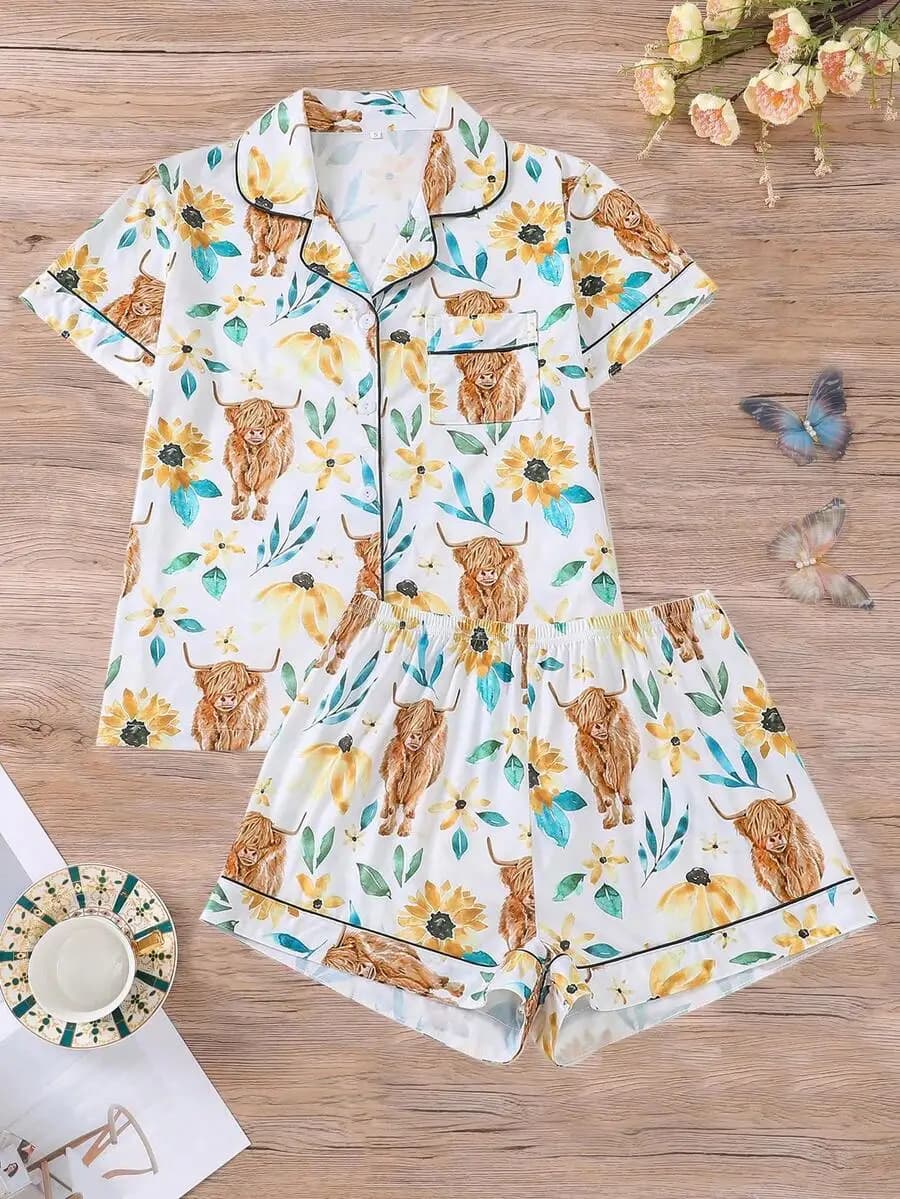 2pcs/Set Women Cow Print Pajama Set, Short Sleeve Collared Button Top And Elastic Waist Shorts, Suitable For Holidays, Parties,
