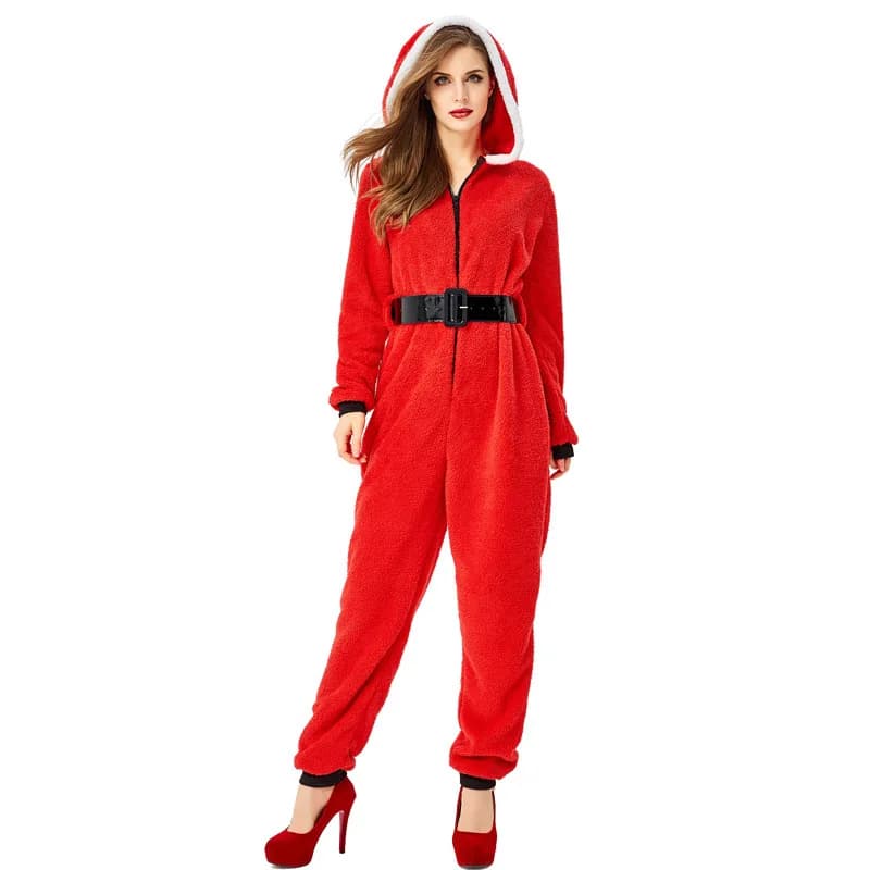 Tutina da Babbo Natale da donna Costume natalizio rosso con cintura con cappuccio Pigiama per adulti Indumenti da notte da donna