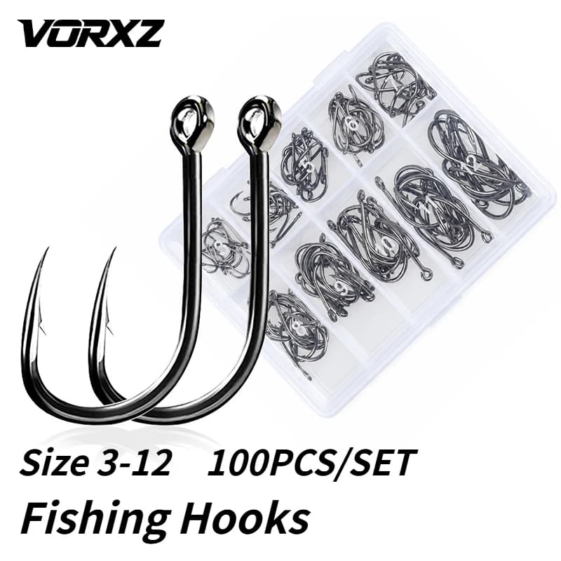 100PCS Barbed Eyelet Fishing Hook Mixed Size 3#-12# Fish Hook Assortment Storage Box Set for Saltwater Freshwater Angling Tackle