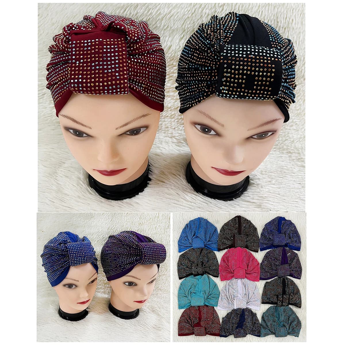 Ordine all'ingrosso 6/12 Pezzi Moda Musulmana Femminile Turbante Cappello Velluto Caldo Strass Solido Indiano Beanie Capelli Cofano Cap Per Le Donne