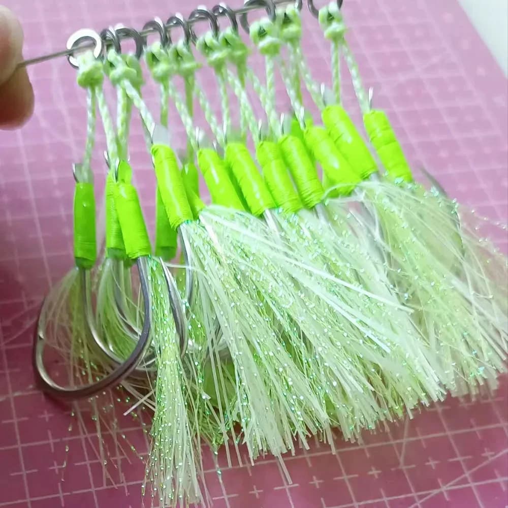 10 paia/borsa Acciaio ad alto tenore di carbonio Richiamo di pesca Accessori Doppio spinato Assist Ganci Glow Jig Lure Ganci Lento Jigging Ganci pesca