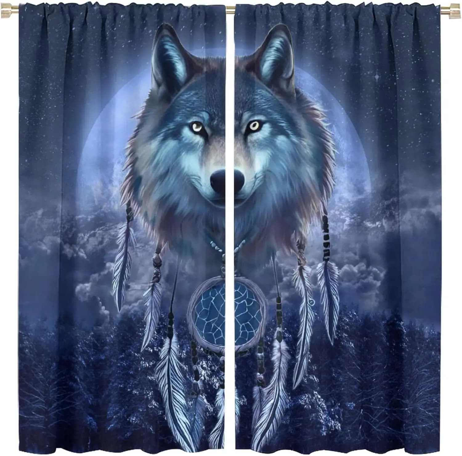 Cool Wildlife Wolf Blackout Curtains for Bedroom - Fantasy Galaxy Misty Forest Wolf Dream Catcher Window Treatment,Rod 2 Panels