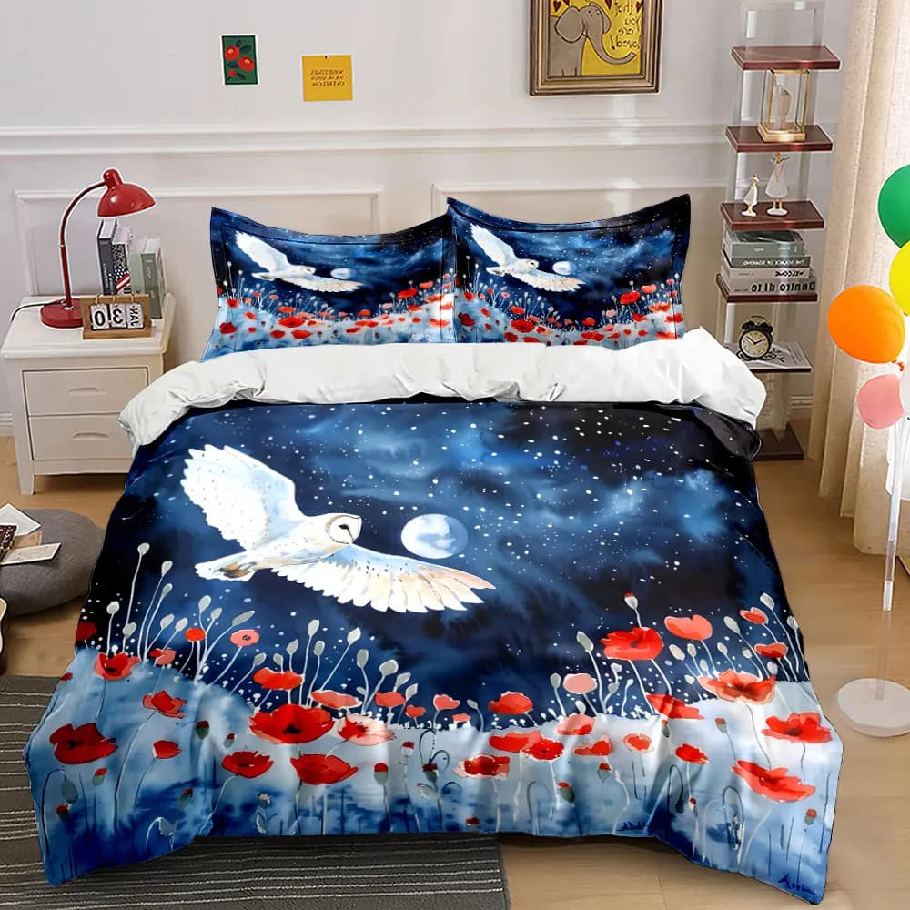 Set copripiumino con motivo gufo nel cielo notturno e papaveri, stampa digitale, biancheria da letto colorata in poliestere con chiusura a cerniera, ideale come regalo