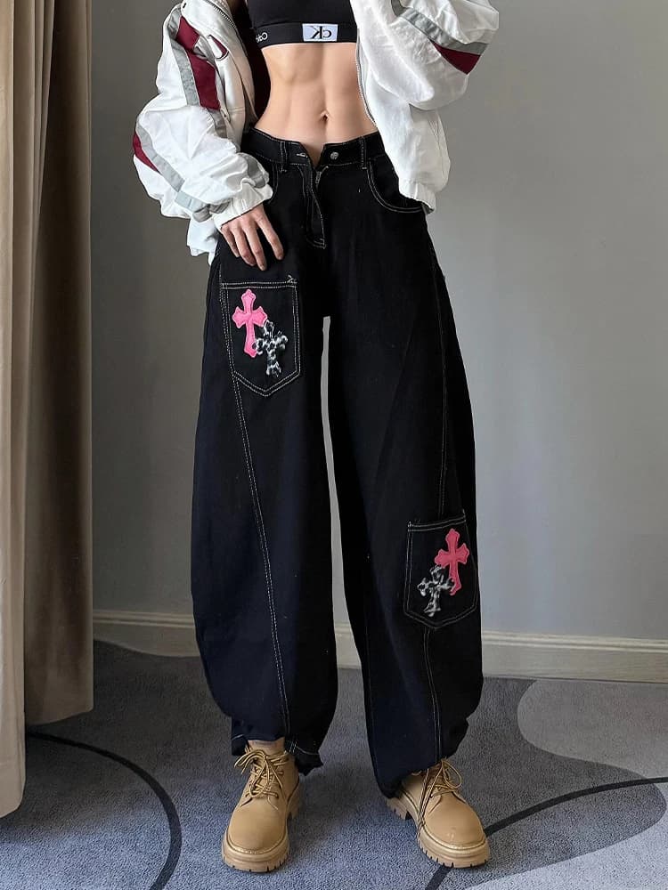 American Hot Girl Leopard Print Patchwork Loose Floor-Length Jeans Women's Summer Vintage Lazy Style Bootcut Denim Pants