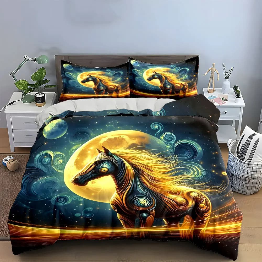 Set di biancheria da letto Moonlit Horse Artistic Trio Decor con 1 copripiumino e 2 federe, singolo, matrimoniale, king, queen, regalo