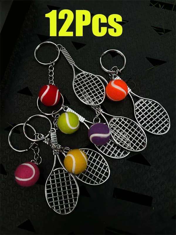 12Pcs Mini Alloy Tennis Racket Keychains, Multicolor Mini Tennis Ball Charms Key Rings, Sports Party Favor Souvenir Key Pendants