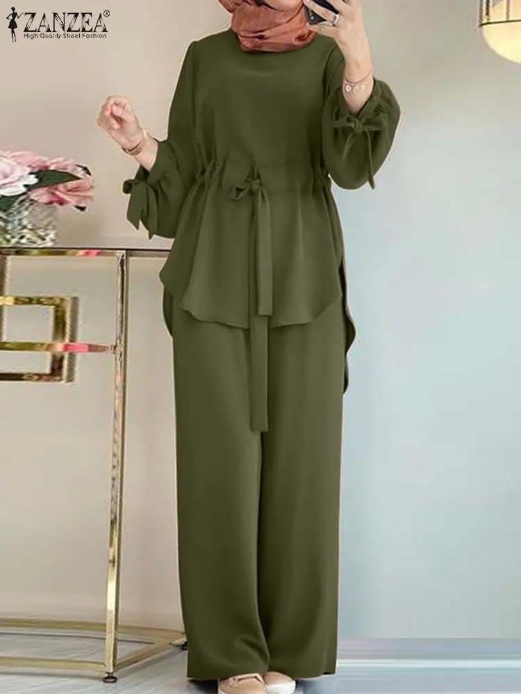 2024 ZANZEA Muslim Fashion Long Sleeve Blouse Pant Suits IsIamic Clothing Women Autumn Matching Sets Two Pieces Woman Tracksuits