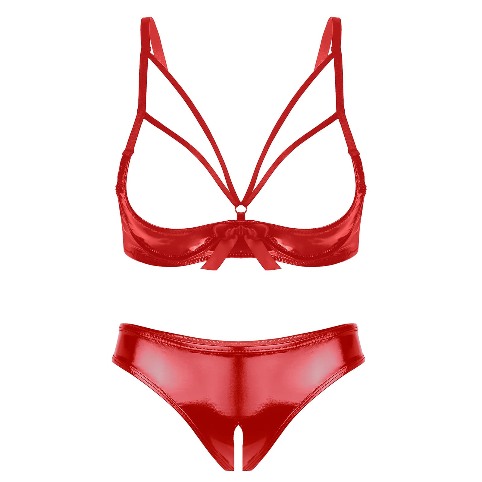 Set di lingerie sexy da donna in pelle verniciata effetto bagnato, intimo con spalline, coppa aperta, reggiseno con ferretto e slip senza cavallo