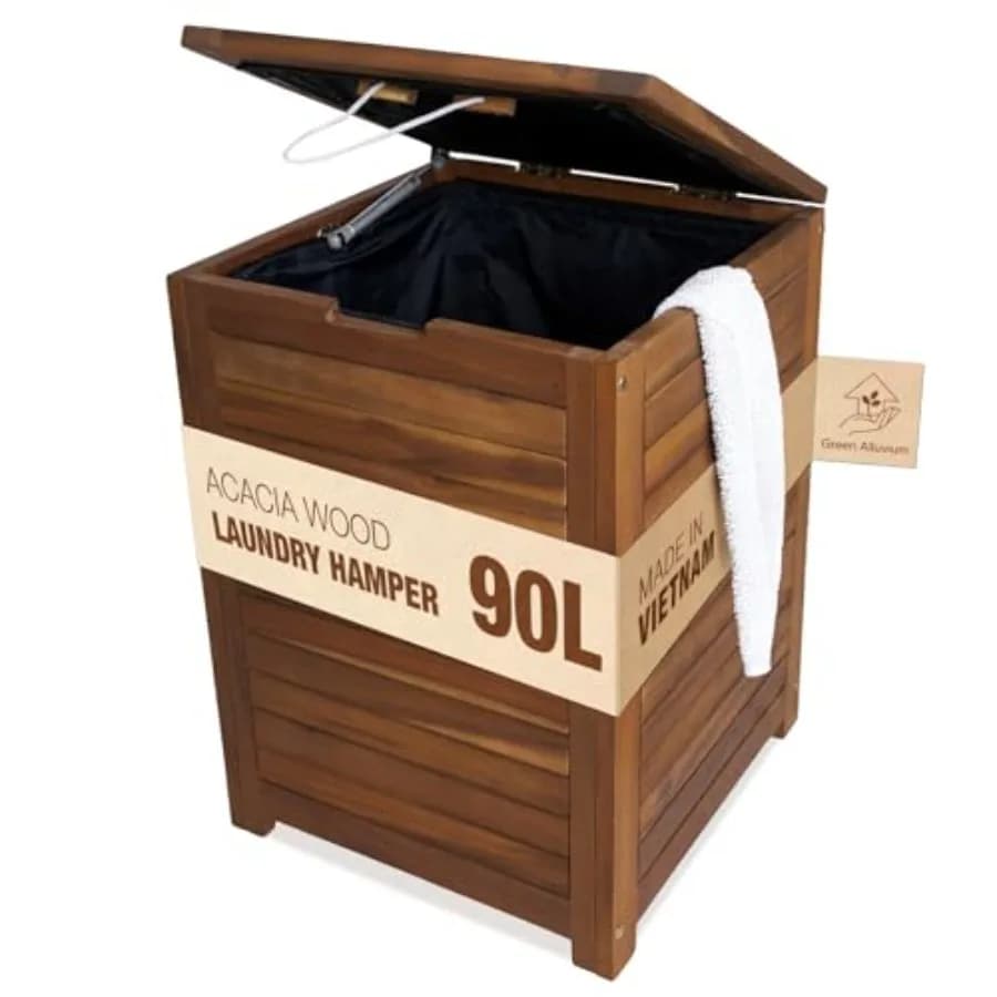 Acacia Wood Laundry Hamper With Lid, Handles And Removable Liner Bag, Tall 90L - Large Wood Laundry Basket - Clothes Hamper For