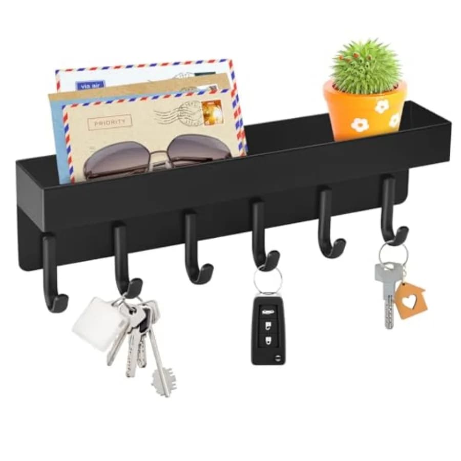 Key Holder Wall Mount, Compact Adhesive Key Rack with Tray, 6 Hooks, 2 Mount Options