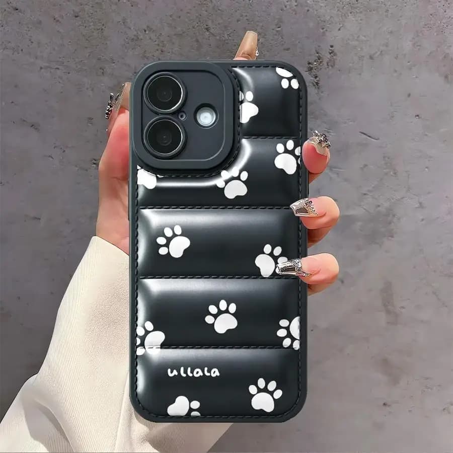 Down Jacket Phone Cover Case For iPhone 17 13 14 16e 15 Plus 16 Pro Max 12 Air 11 Cute Pet Cat Paw Prints