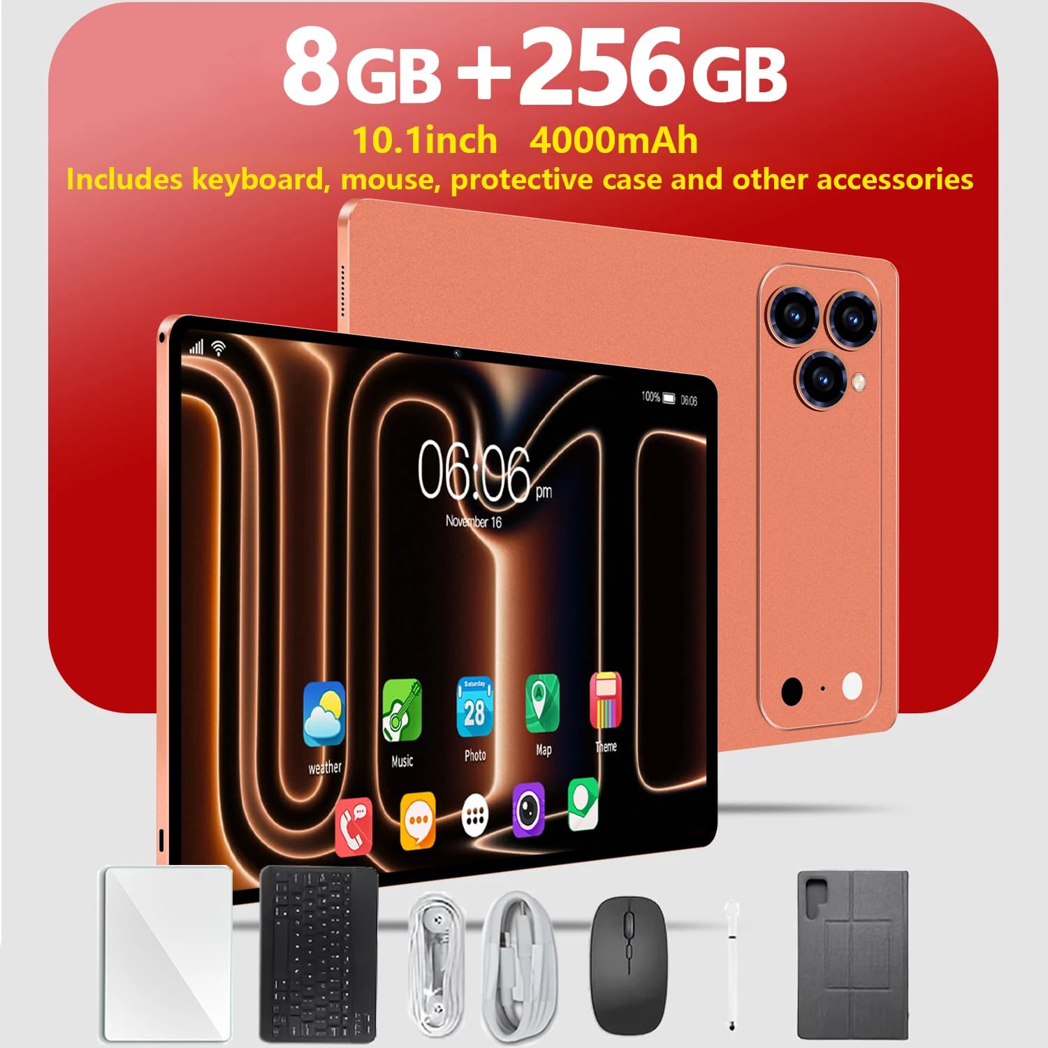 Tablet Android 15, tablet da 10,1 pollici, 8GB + 256GB, espandibile, tablet 2-in-1 con tastiera, custodia protettiva, stilo, octa-core