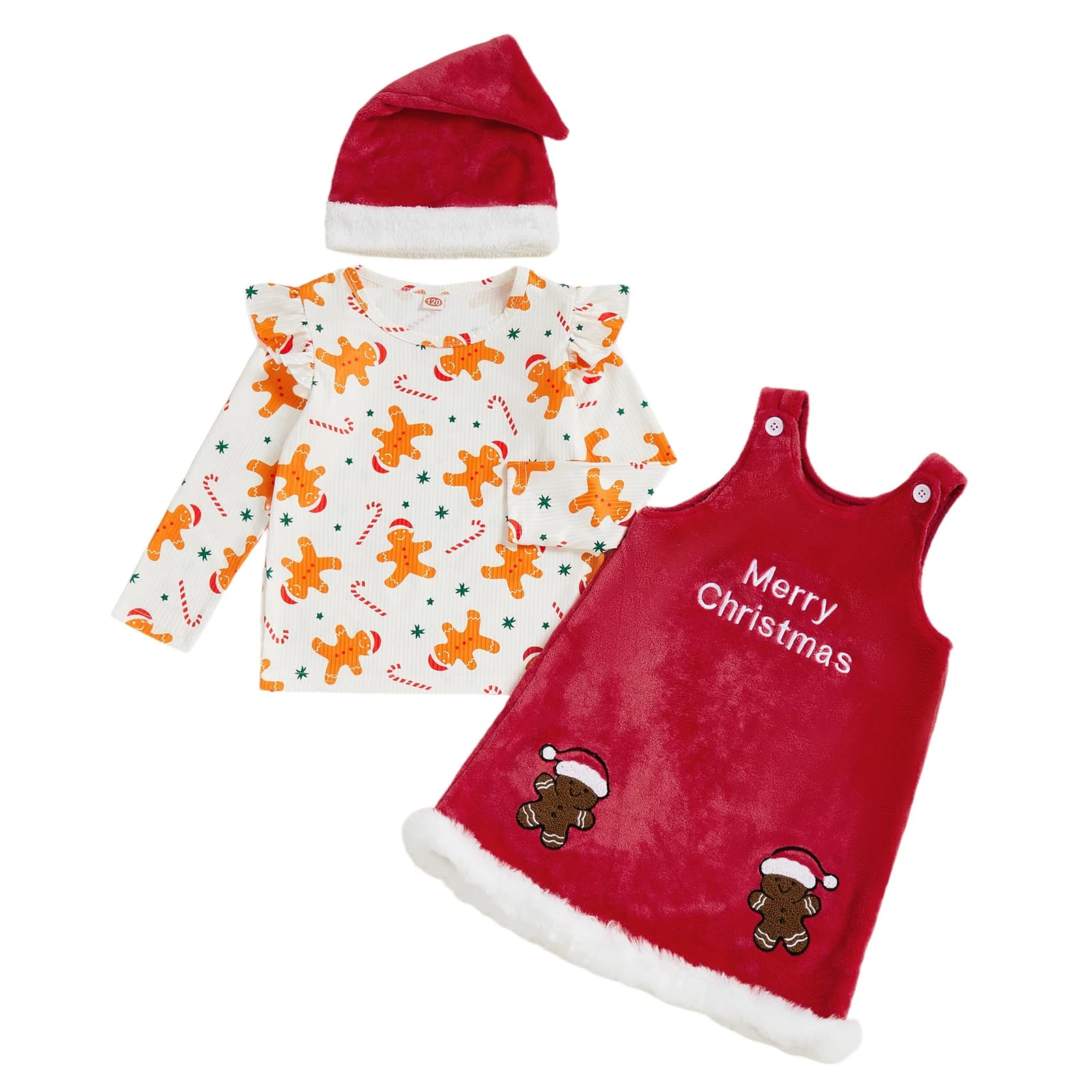 Abito da donna in maglione con stampa uomo di pan di zenzero e finiture in pelliccia sintetica e cappello da Babbo Natale abbinato