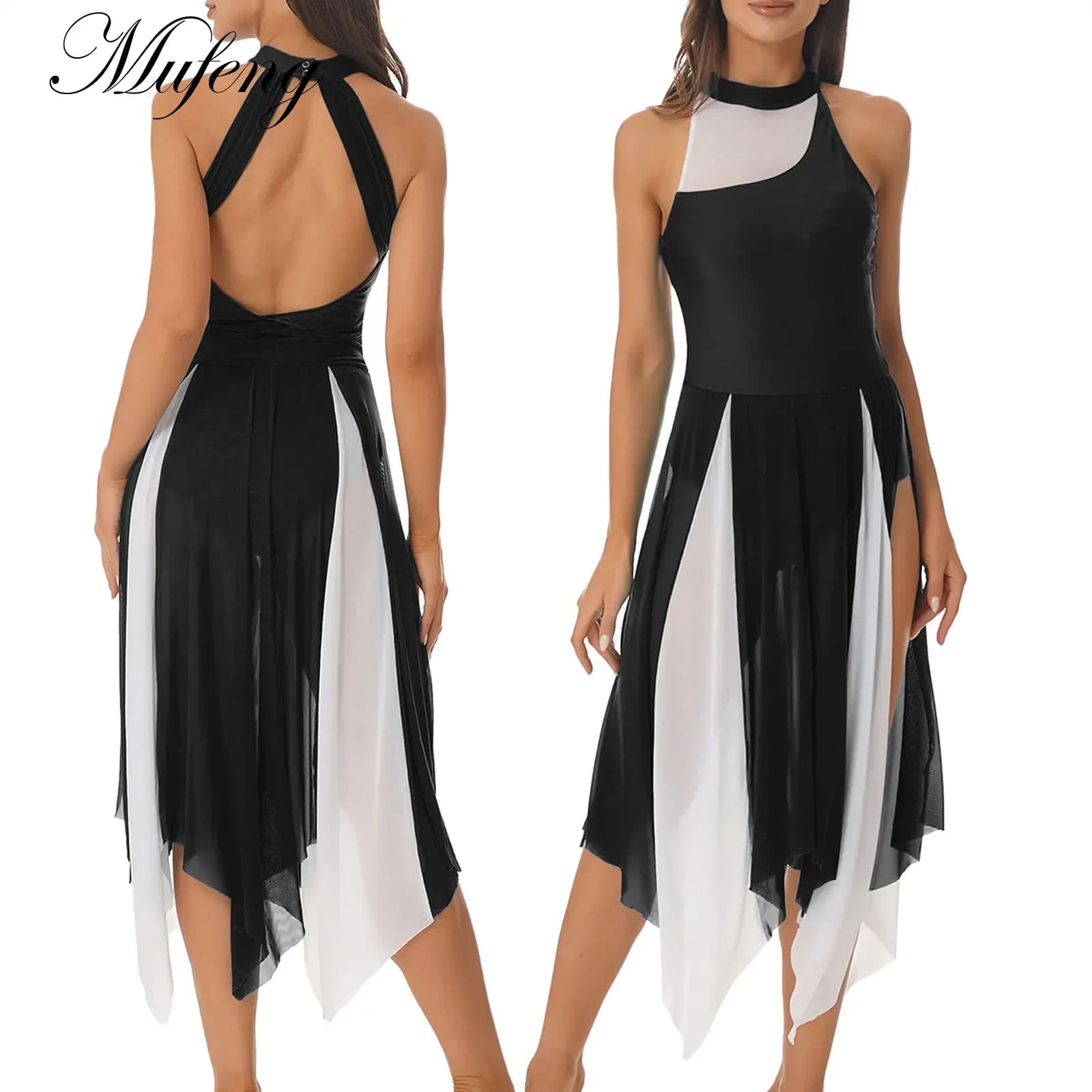 Costume da ballo lirico da donna Gonna asimmetrica in tulle a rete Abito da ballo moderno senza maniche fluido Abiti da balletto per pattinaggio su ghiaccio