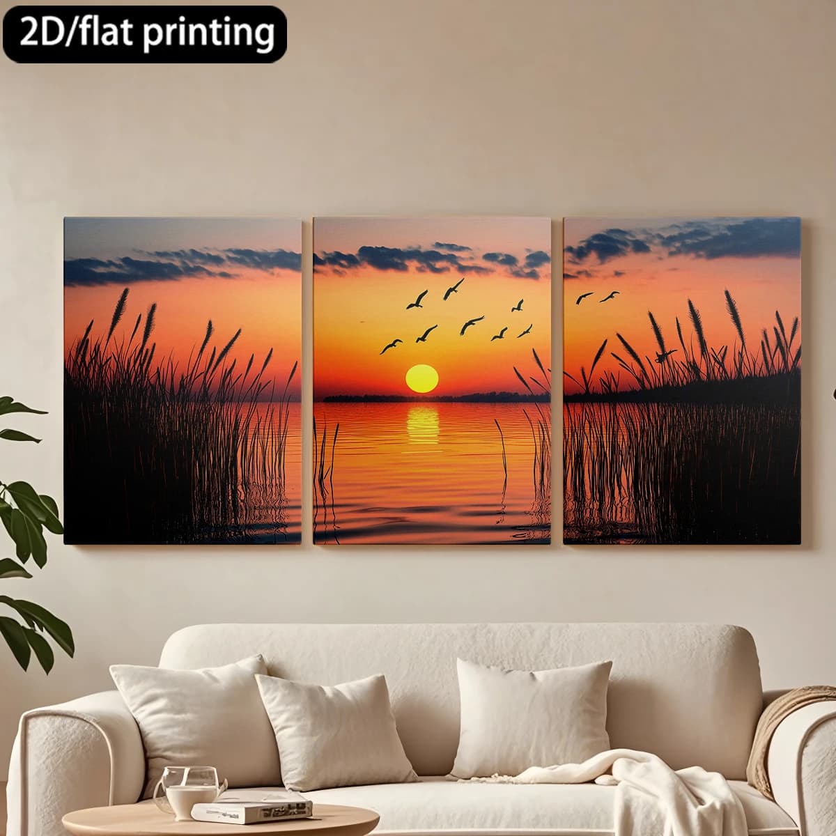 Decorative painting on canvas with wooden frame, 3 pieces. Sunset, serene lake, reeds, birds. Tende per camera da letto ikea.