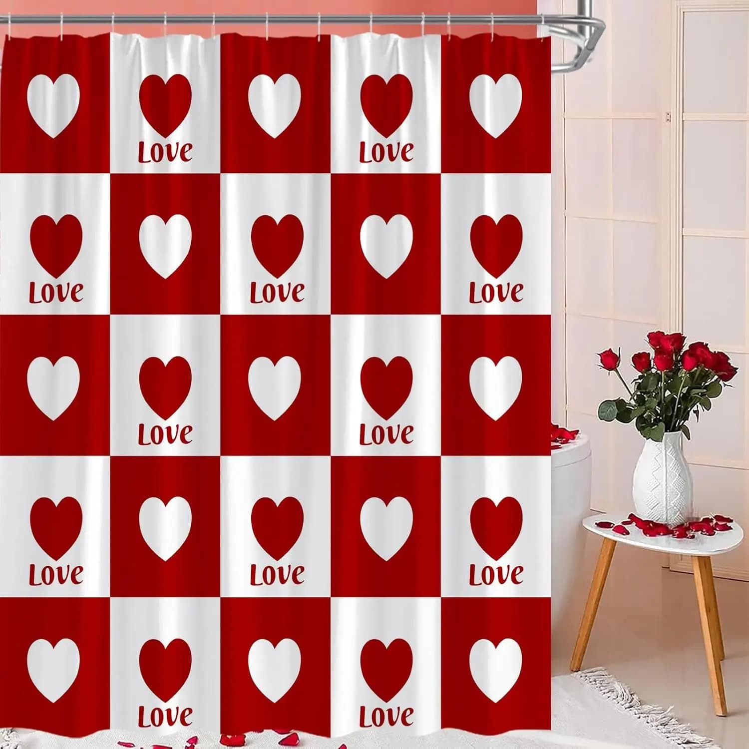 Tenda da doccia San Valentino Cuore d'amore Rosso Bianco a quadretti Romantico Amante carino Tenda da bagno estetica moderna con ganci, 70x70 pollici