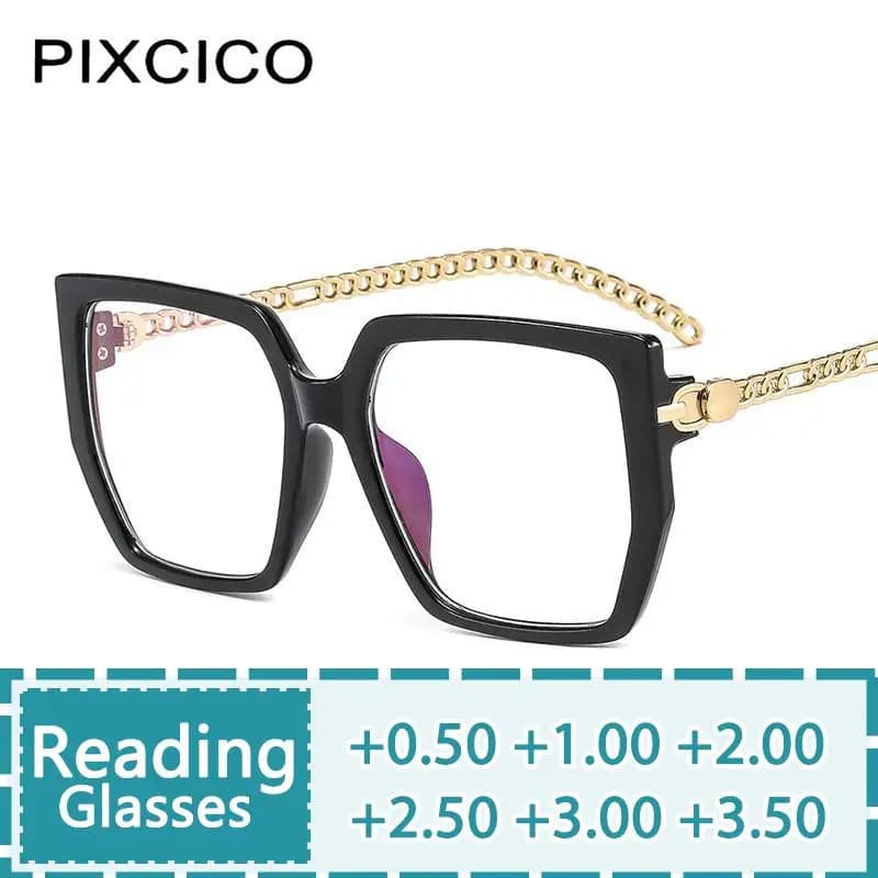 R56434 Occhiali da lettura alla moda +100 +200 +300 Occhiali da presbiopia con montatura grande da donna Gamba a catena AMetal
