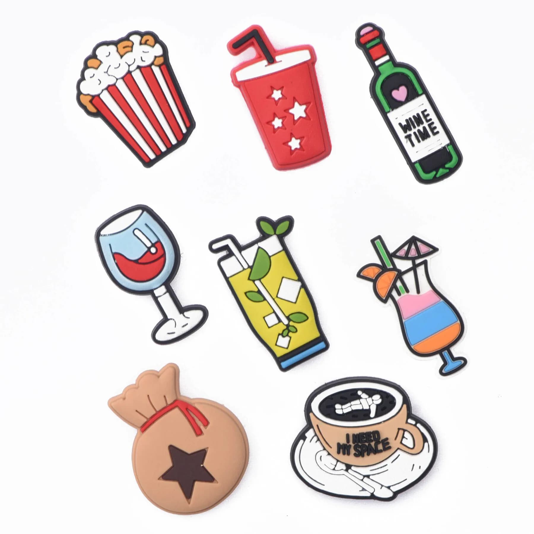 1-8pcs New Drink Juice Wine Juice Shoe Charms Cartoon Popcorn Coffee Shoe Decoration Lovely Fit Sandals Wristband Decoration