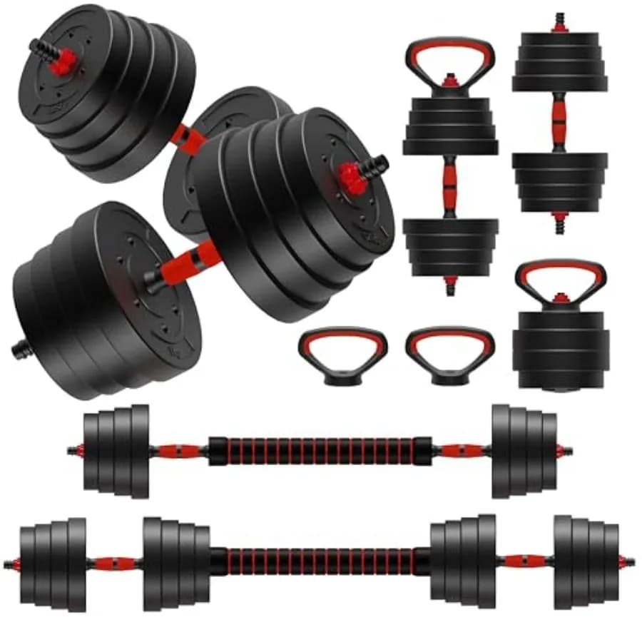 Set of handlebars adjustable from 90 pounds with interchangeable plates, anti-slip grips, convertible into balances, support for push-ups, free weights for home